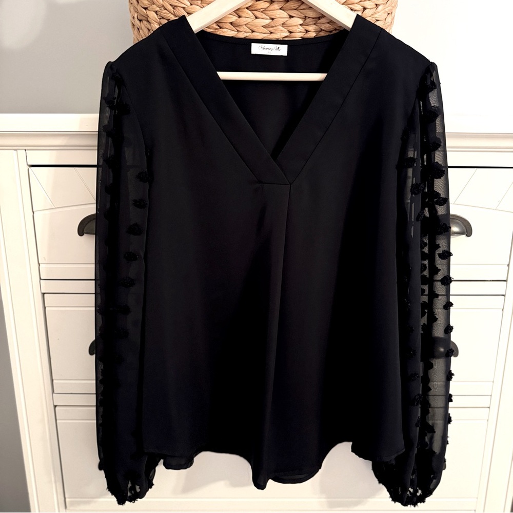 Polka Dot Chiffon Sleeve V-neck Blouse